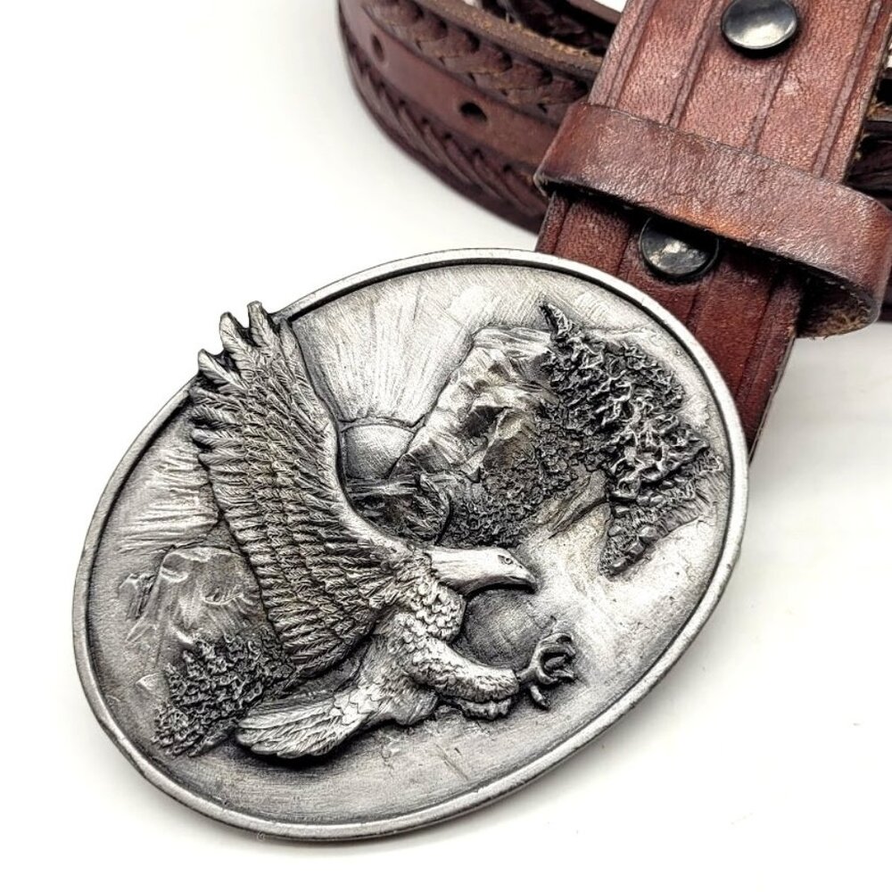 Chivis Leather Belt 38 With VTG 1982 Siskiyou Eagle Belt Buckle Oregon Sign HTF